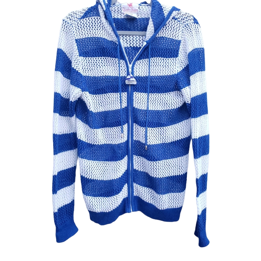 Quacker Factory Striped Crochet Zippered Cotton Blend Hooded Jacket Size Large